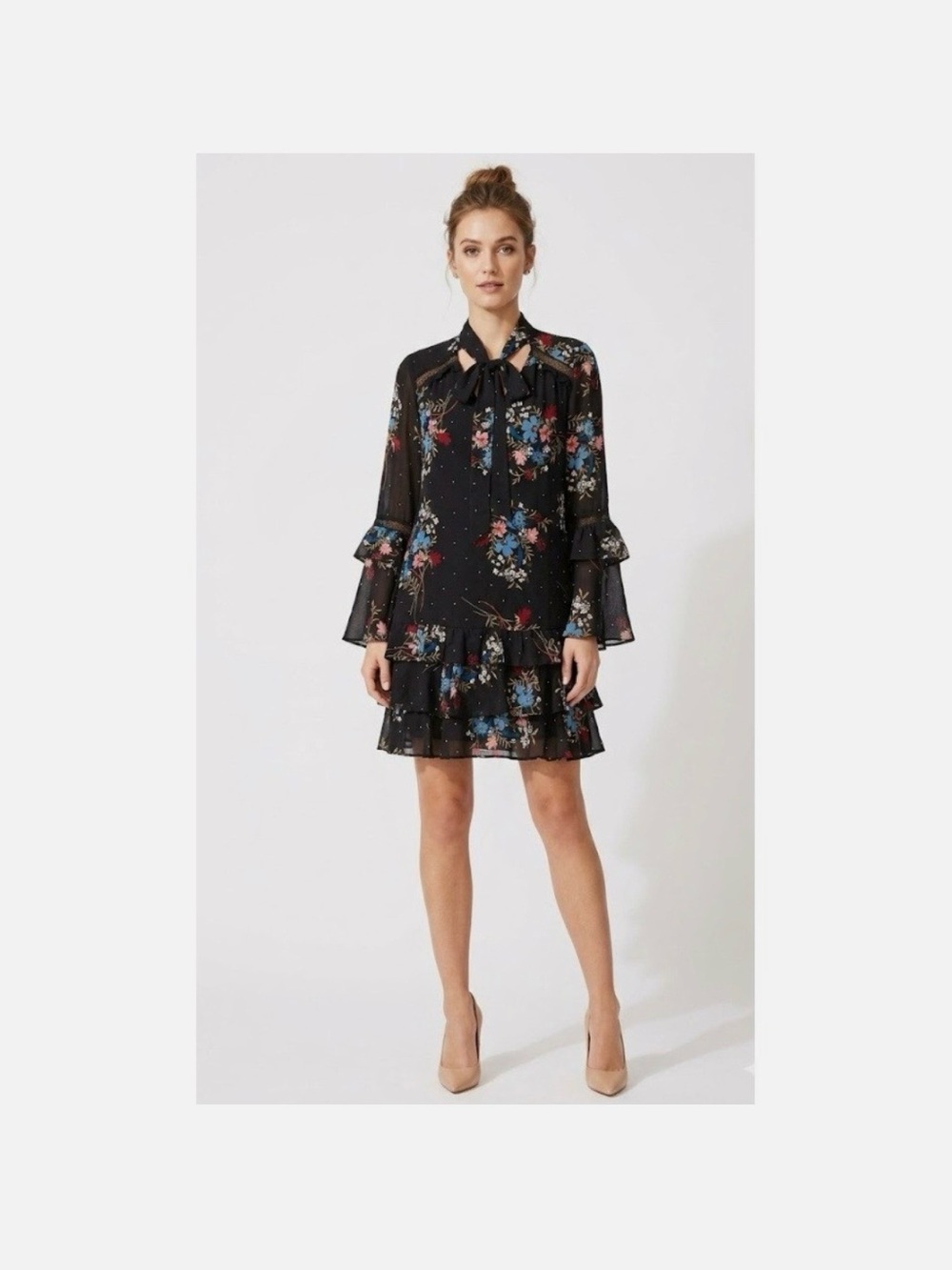 Parker black silk floral dress small ruffles neck tie long sleeve short cocktail